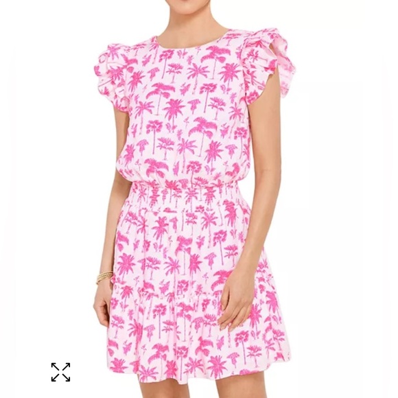 Vineyard Vines Palm Tree Smocked Linen Dress Pink White Size Small - Picture 1 of 11